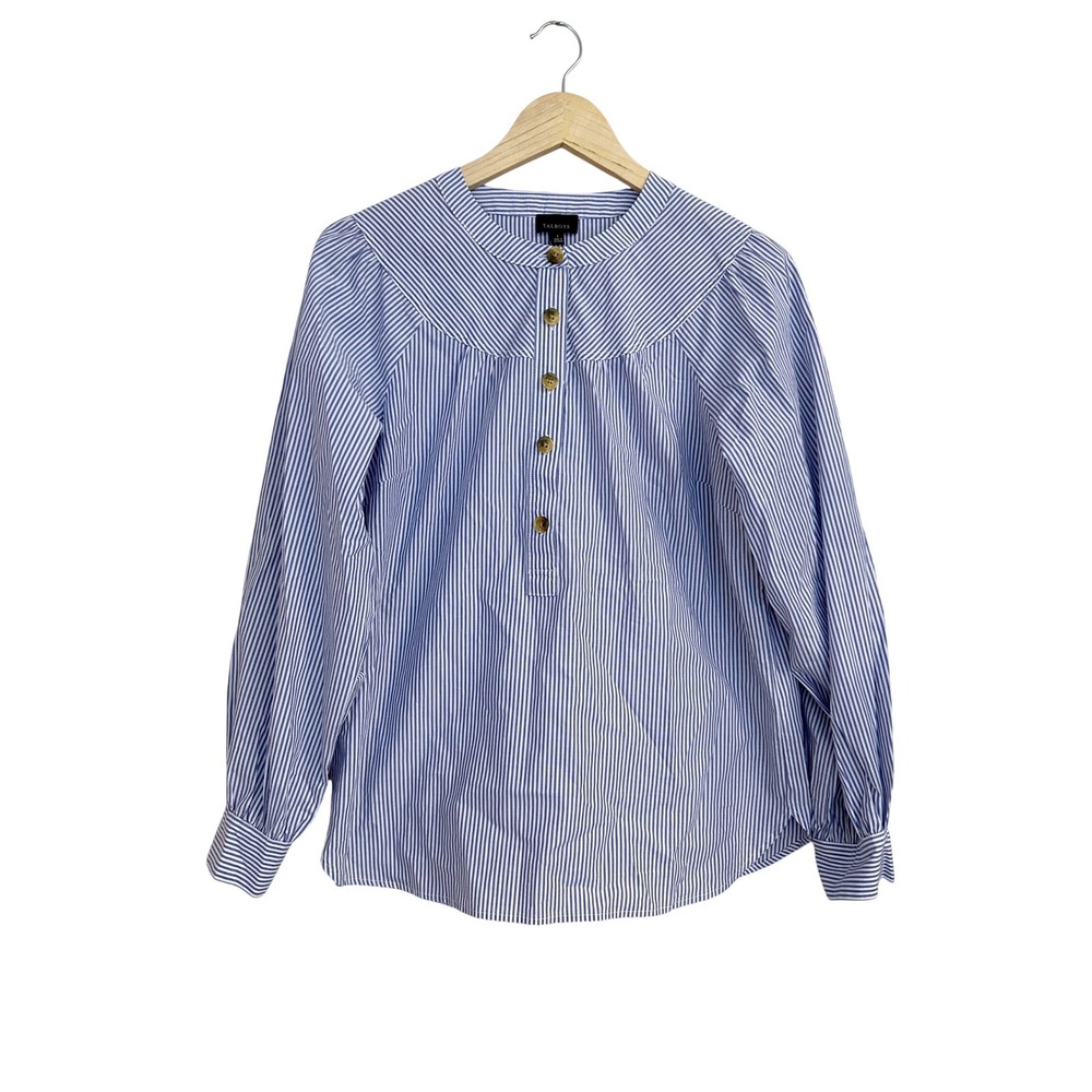 Talbots Womens Blue White Striped Cotton Band Collar Button Front Blouse Small